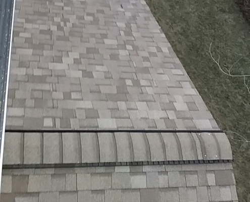An elevated view showcases a beige shingled roof with a red ladder leaning against the side. The ground below, blanketed in green grass, hints at the meticulous care from a roofing company dedicated to quality work.