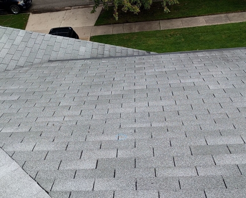 A bird's-eye view of a residential rooftop covered in gray asphalt shingles, showcasing expert residential roofing. A street and sidewalk are visible in the background.