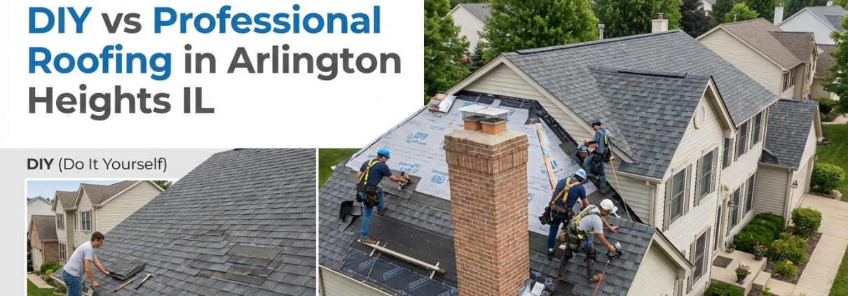 A side-by-side comparison of one person tackling do-it-yourself roof repairs and a team of professionals installing roofing materials on a suburban house roof in Arlington Heights IL.
