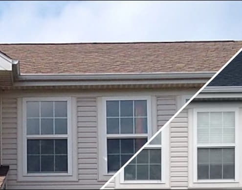 Two pictures of a house with siding and shingles showcasing the craftsmanship of a reputable roofing contractor.