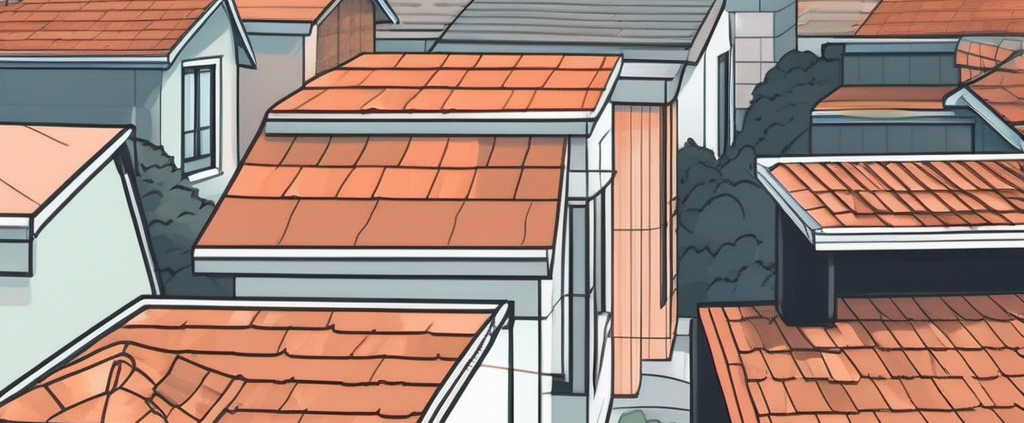 A detailed rooftop scene showcasing a variety of roofing materials and styles