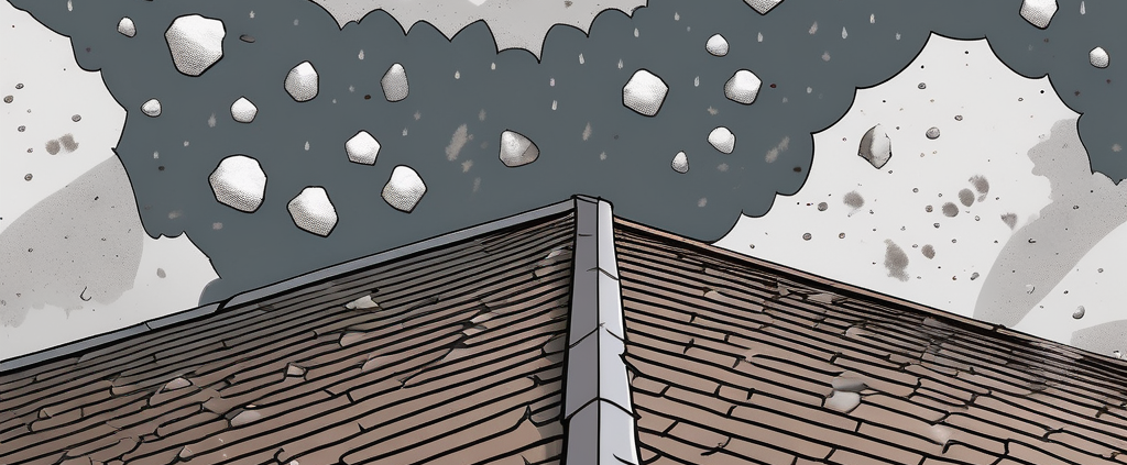 A photograph of a damaged roof with visible hail impact marks