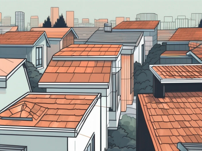 A detailed rooftop scene showcasing a variety of roofing materials and styles