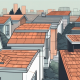 A detailed rooftop scene showcasing a variety of roofing materials and styles