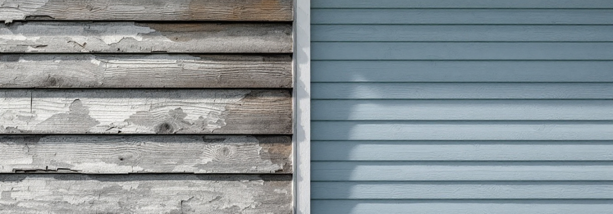 A photograph of a home with visibly outdated siding materials