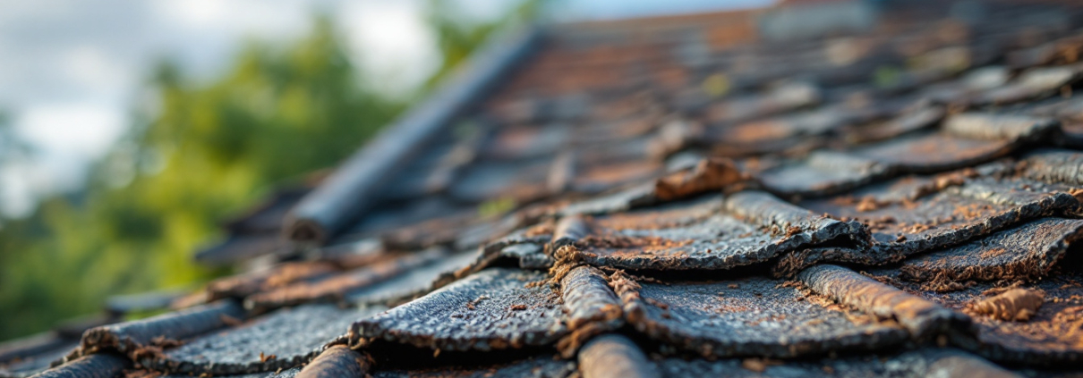 A photograph of a weathered roof showing visible signs of aging