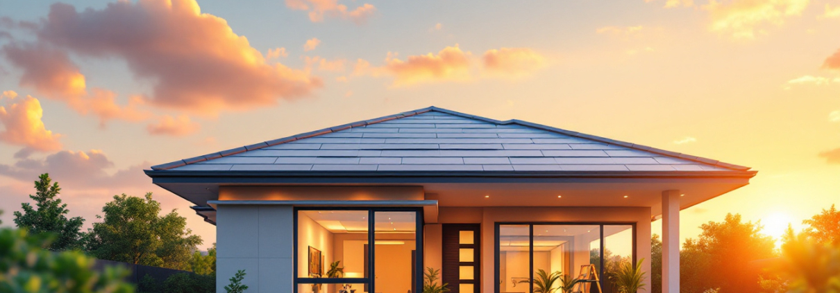 A photograph of a modern home with a newly installed roof