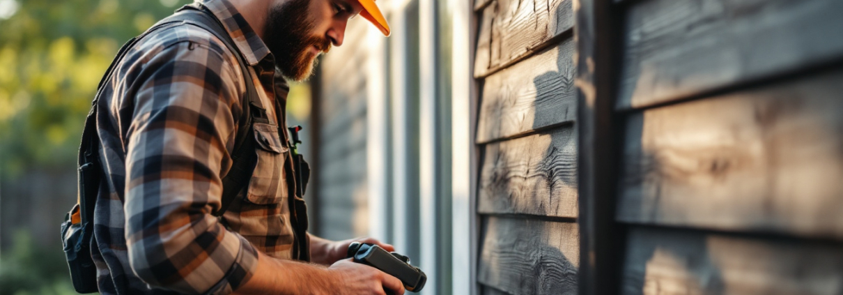A photograph of a professional contractor inspecting and maintaining the exterior siding of a home