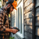 A photograph of a professional contractor inspecting and maintaining the exterior siding of a home