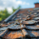 A photograph of a weathered roof showing visible signs of aging