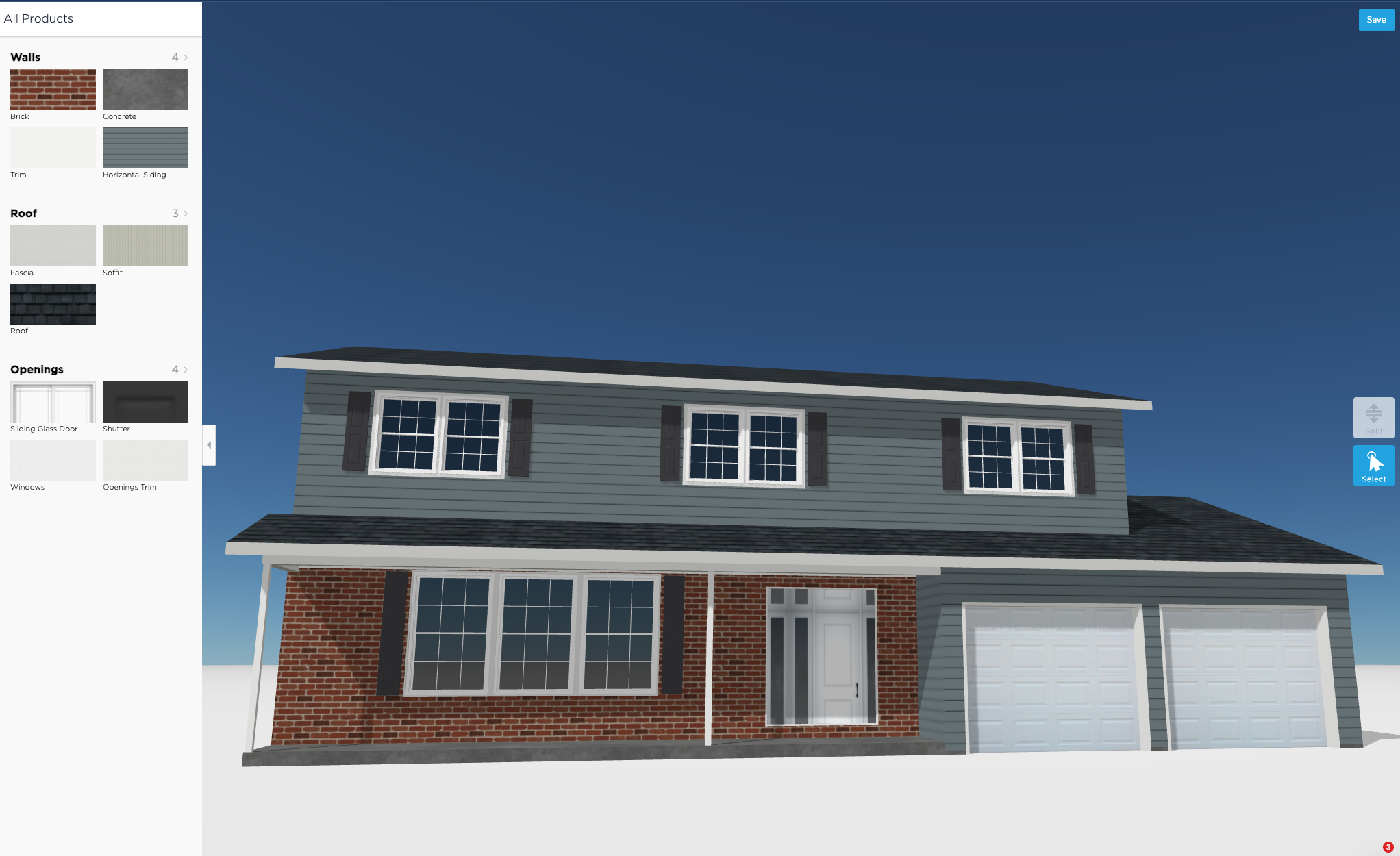 A 3D rendering of a two-story suburban house with brick and gray James Hardie Siding in Arlington Heights, multiple windows, a white front door, and a two-car garage. Design options are shown on the left sidebar. A 3D rendering of a two-story suburban house with brick and gray James Hardie Siding in Arlington Heights, multiple windows, a white front door, and a two-car garage. Design options are shown on the left sidebar.