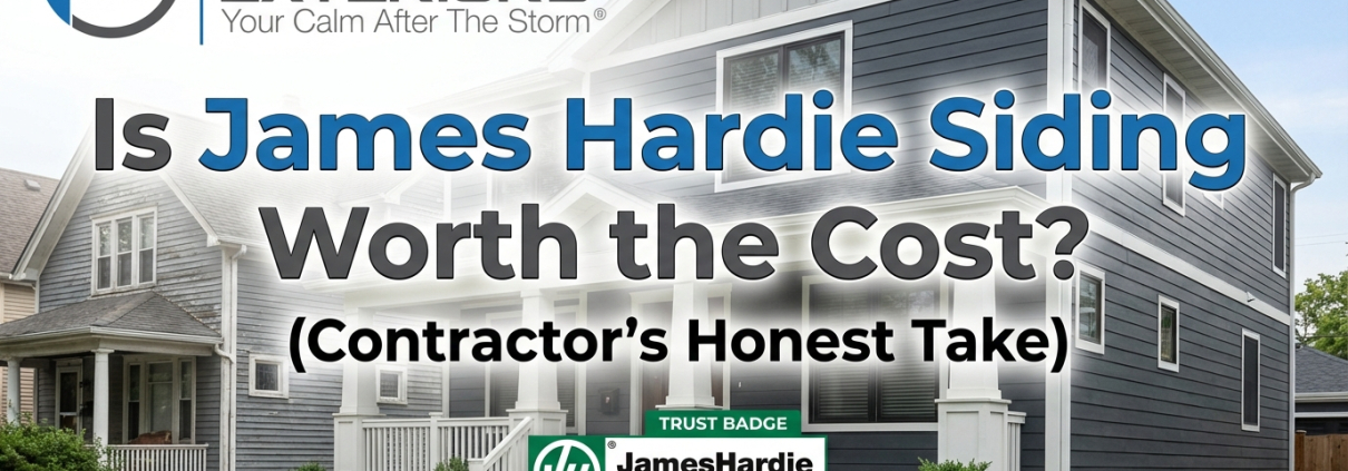 A gray house with James Hardie Siding and a neat lawn is shown next to text featuring a contractor review of James Hardie siding cost. is james hardie siding worth it comparison exterior