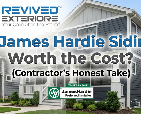 A gray house with James Hardie Siding and a neat lawn is shown next to text featuring a contractor review of James Hardie siding cost. is james hardie siding worth it comparison exterior