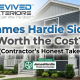 A gray house with James Hardie Siding and a neat lawn is shown next to text featuring a contractor review of James Hardie siding cost. is james hardie siding worth it comparison exterior