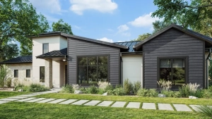 Modern single-story house with James Hardie Timberhue siding in dark and light tones, large windows, a metal roof, and a landscaped front yard with stone pathway.