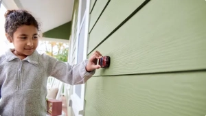 A young girl in a gray jacket plays with a toy car on the green exterior wall of a house featuring James Hardie wood look siding.