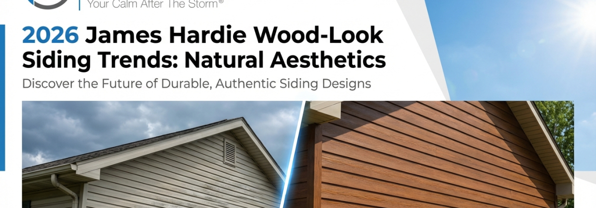 Split image showing two houses with different wood-look sidings, promoting "2026 James Hardie Wood-Look Siding Trends" by Revived Exteriors.