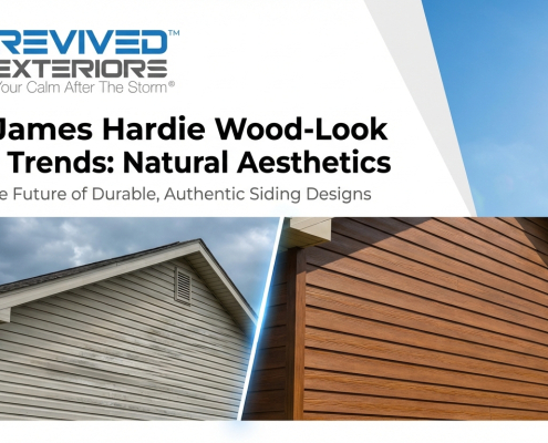 Split image showing two houses with different wood-look sidings, promoting "2026 James Hardie Wood-Look Siding Trends" by Revived Exteriors.