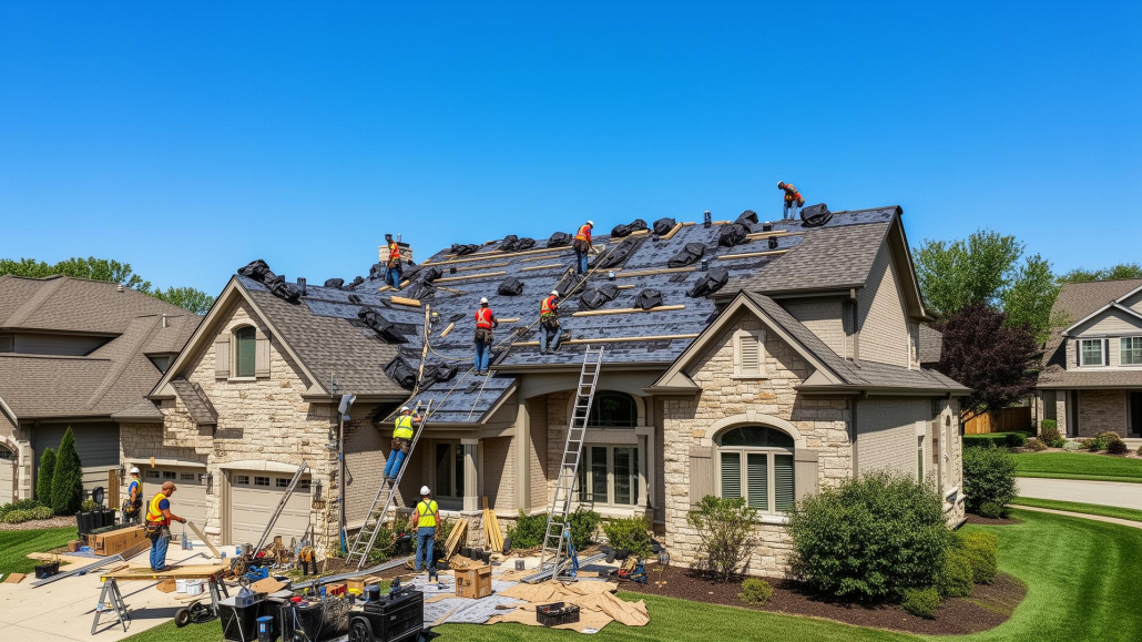 Workers install new roofing materials on a large suburban house under clear blue skies, with ladders and equipment visible around the property.
