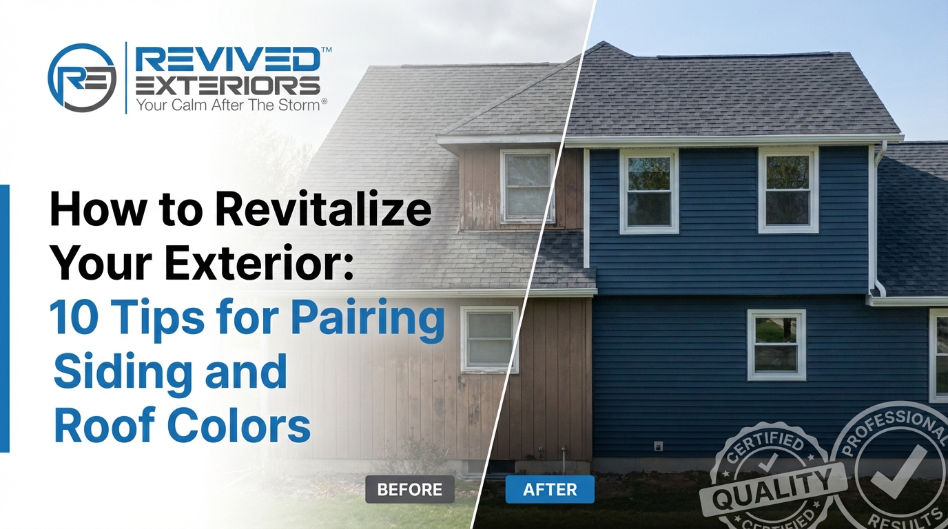 A house exterior showing a split view: the left side with old brown siding labeled "BEFORE," and the right side with new blue siding labeled "AFTER." Text offers tips for pairing siding and roof colors. siding and roof color combinations